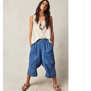 NWOT Free People Marbella Cropped Harem Pants Slouchy Smocked Cotton Denim